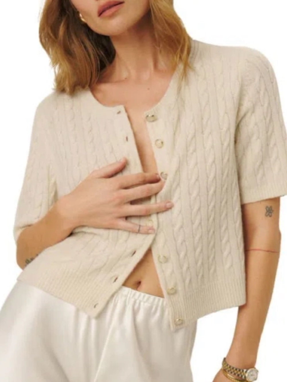 Reformation Claire Cream Cable-Knit Short Sleeve Button Cardigan L NWT